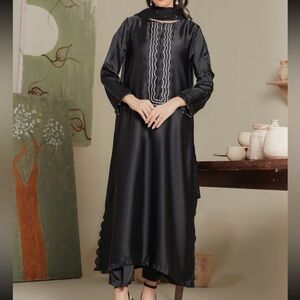 Classic Black Maxi Dress with Embroidered Front